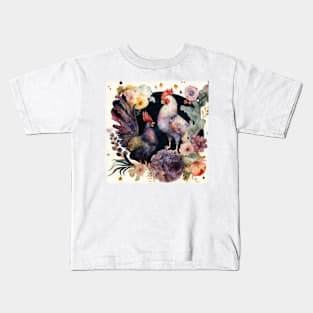 Cute Watercolor Floral Rooster, Farm Animal, Kids T-Shirt